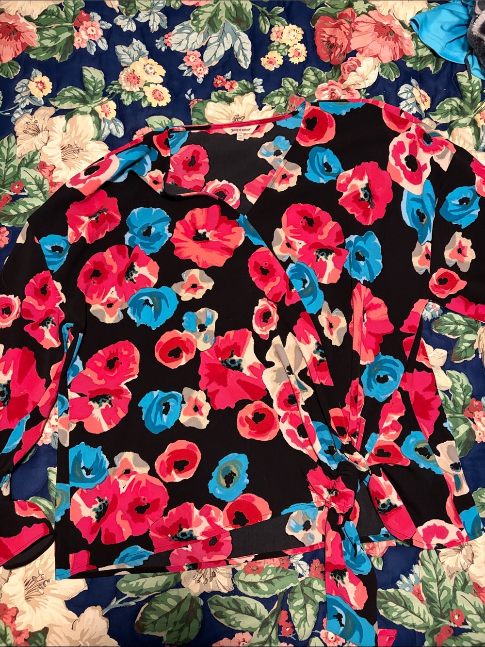 Juicy Couture Black Floral Tie-Front Blouse with Pink & Blue Poppies